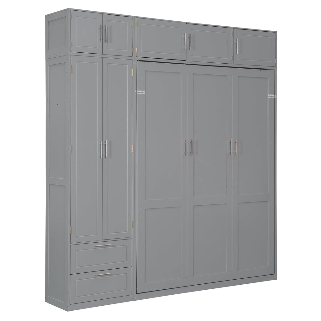 Merax Queen Size Murphy Bed with Shelves, Top Cabinet and Wardrobe, Fold into The Wall, Multifunctional Foldable Platform Bed Frame for Bedroom, Guest Room, Home Office, Space-Saving Design, Gray