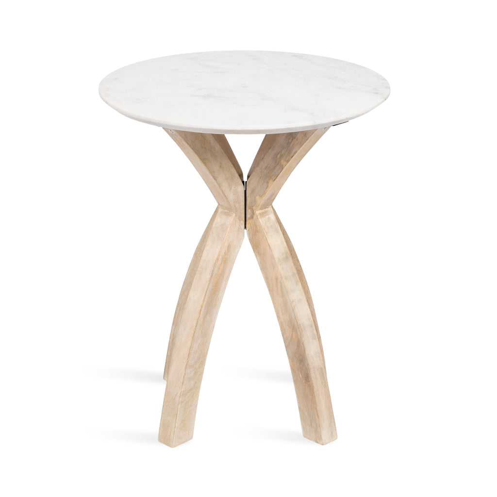 Kate and Laurel Soleyn Coastal Wood and Authentic Marble Side Table, 20 x 20 x 24, White Marble and Light Natural, Round Marble End Table for Use as Bedroom Nightstand or Living Room Accent