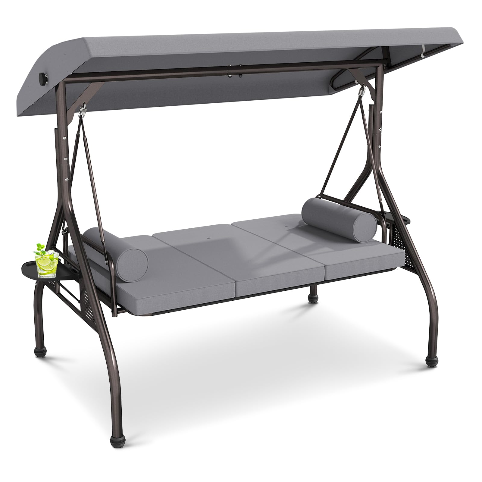 Patiomore 3 Seat Outdoor Porch Swing Chair, Adjustable Canopy Swing Bench, Convertible Backrest Swing Bed with Thicken Cushions, Pillow & Cup Hold (Grey), Gray
