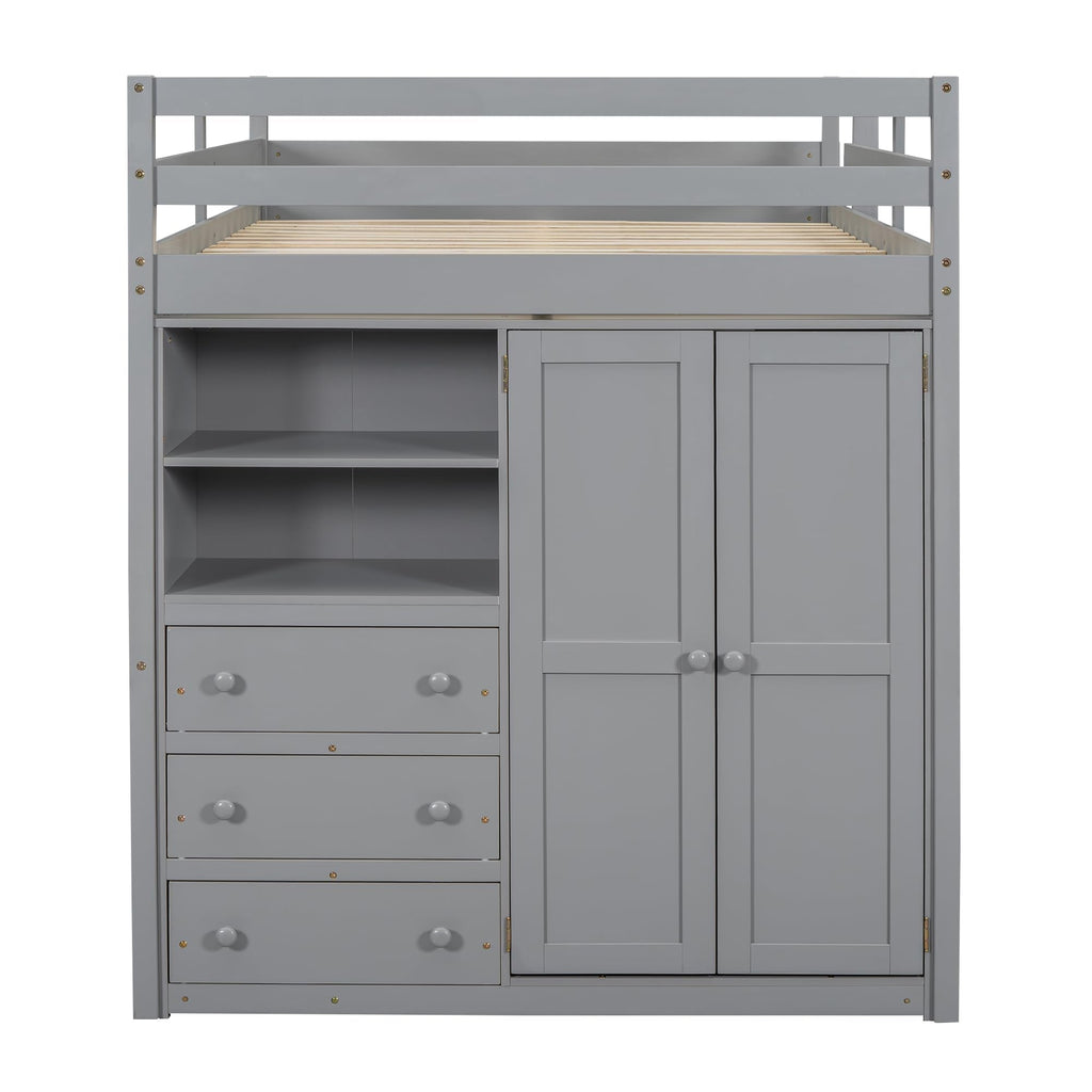 Full Size Loft Bed Frame with Built-in Wardrobe, Desk, Storage Shelves and Drawers, Wood Slat Support