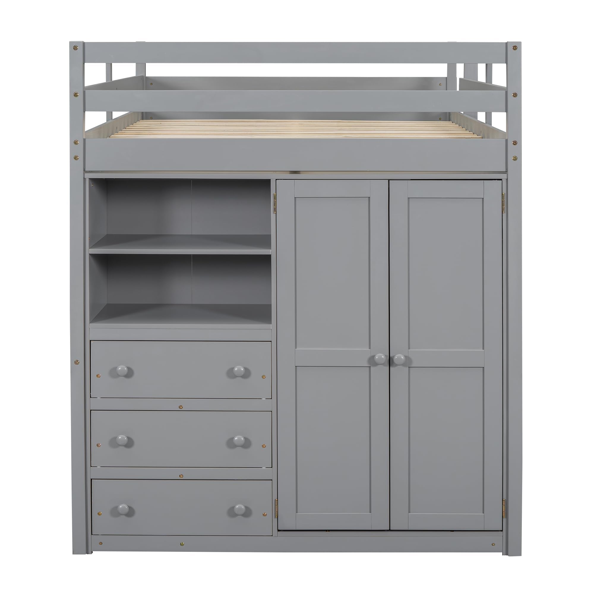 Full Size Loft Bed Frame with Built-in Wardrobe, Desk, Storage Shelves and Drawers, Wood Slat Support