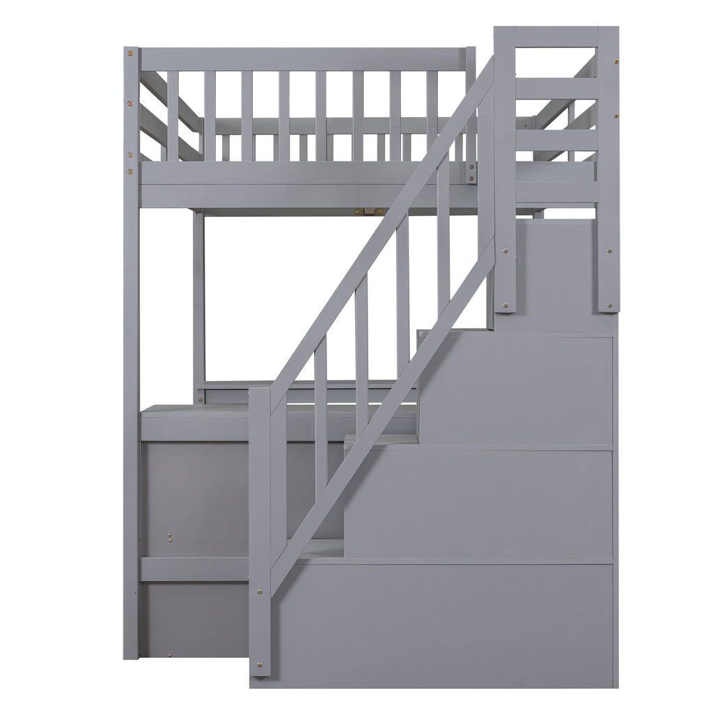 Ball & Cast Loft Bed Full Size with Built-in L-Shaped Desk and Three-Tier Storage Shelves,Wooden Bedframe w/Storager Staircase & Guardrails,Space Saving,Bedroom Furniture for Student Dorms,Gray