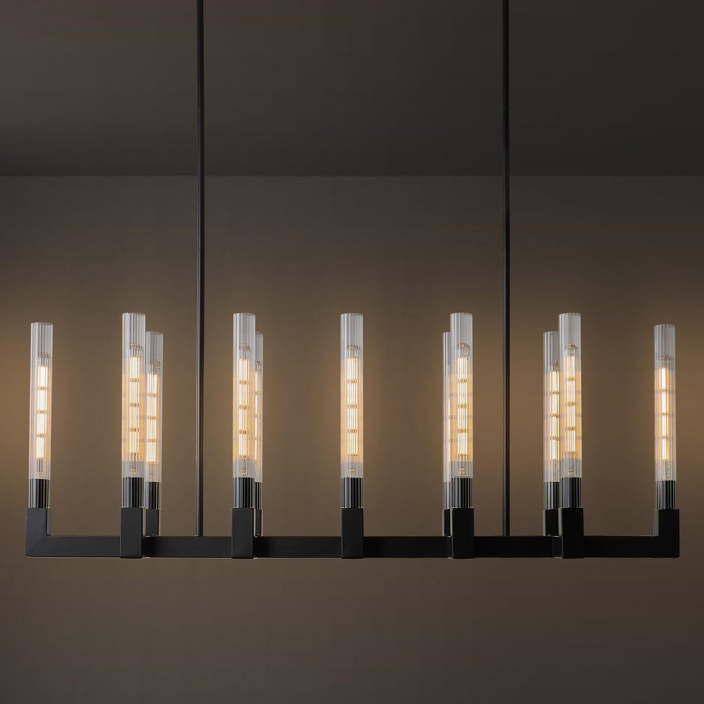 Black Farmhouse Dining Room Chandelier: 54" Modern Linear Rectangle Dining Room Light Fixture - Long Glass Metal Pendant Chandeliers for Kitchen Island - Large Lighting over Kitchen Table Living Rooms