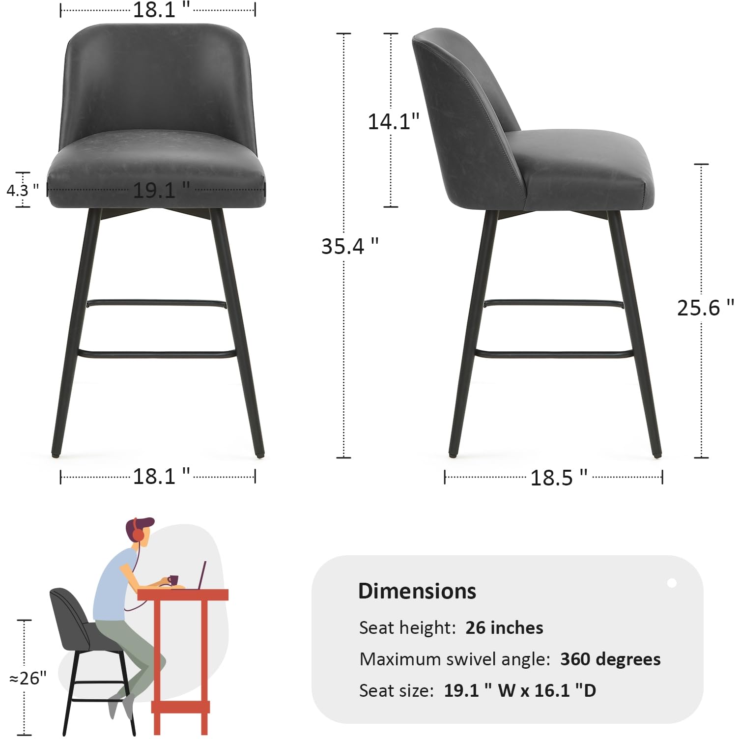 Coolazy Counter Height Bar Stools Set of 4,360° Swivel Faux Leather Barstools with High Back 26" H Seat Height (Faux Leather-Grey, 4 Pieces - 26" Counter Height)