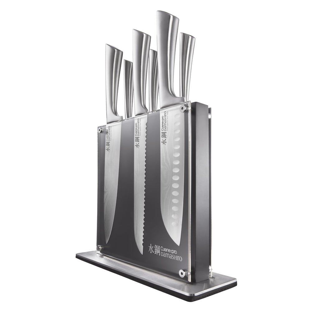 Cuisine::pro Damashiro Knife Block (Kumi, 7-Piece Chef Knife Set) - Japanese Steel Knife - Magnetic Knife Block- Damascus-Inspired Blade Kitchen Knives