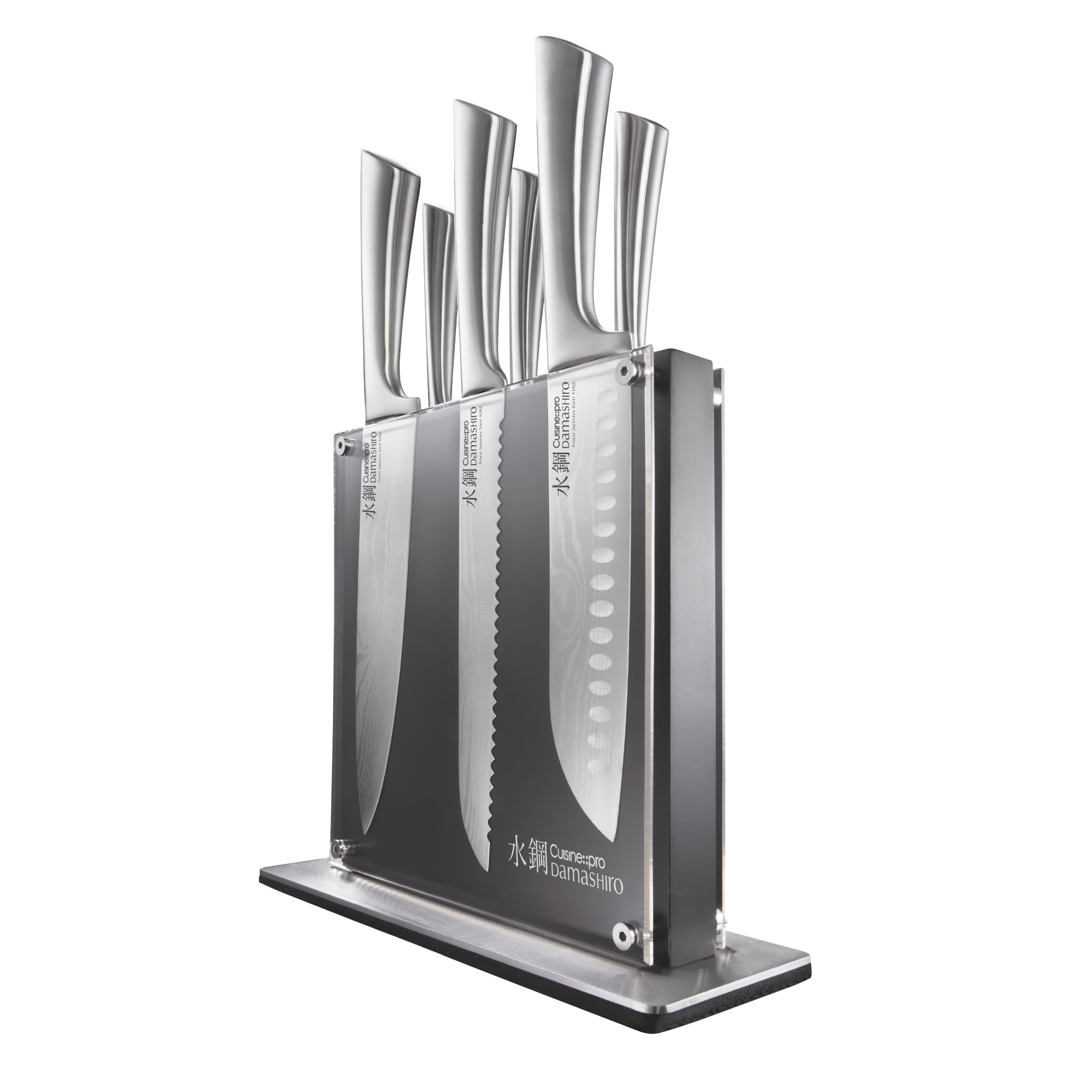 Cuisine::pro Damashiro Knife Block (Kumi, 7-Piece Chef Knife Set) - Japanese Steel Knife - Magnetic Knife Block- Damascus-Inspired Blade Kitchen Knives