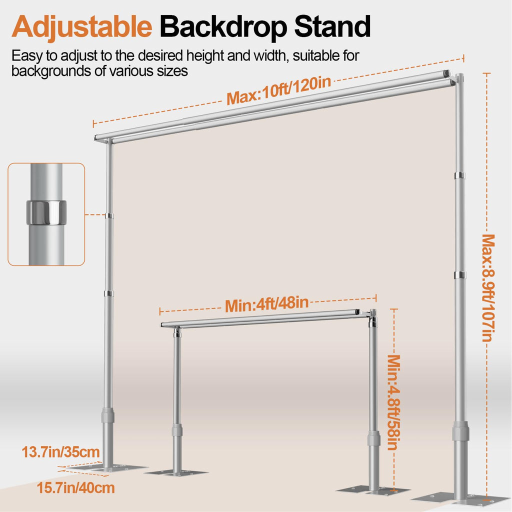 GLOSHOOTING Heavy Duty Backdrop Stand 8.9x10ft, Double Crossbar Pipe and Drape Backdrop Stand Kit, Adjustable Metal Frame, Background Stand for Wedding Photography Birthday Party Decorations