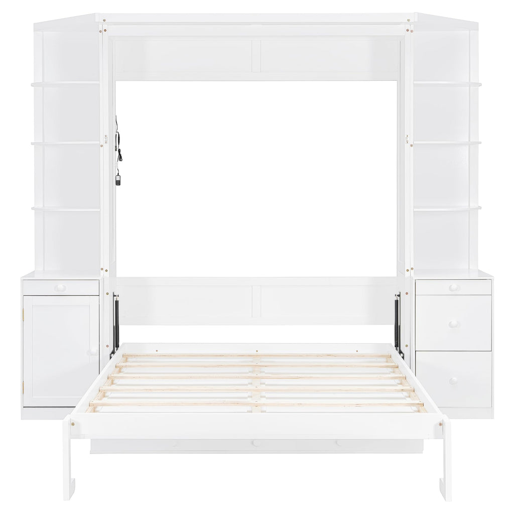 Merax Queen Murphy Bed with Desk and Storage, Hidden Wall Bed with Foldout Workstation, Shelves and Cabinets for Space-Saving Home Office, White