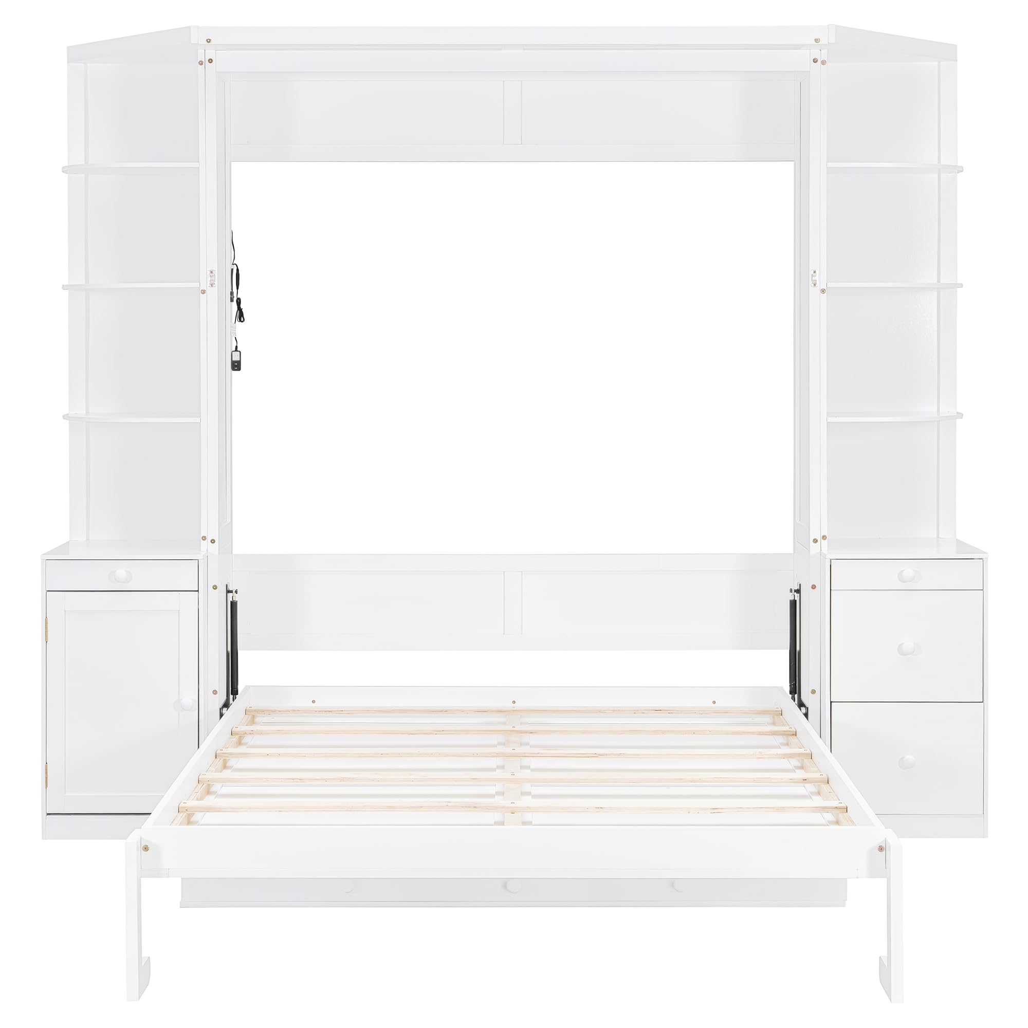 Merax Queen Murphy Bed with Desk and Storage, Hidden Wall Bed with Foldout Workstation, Shelves and Cabinets for Space-Saving Home Office, White