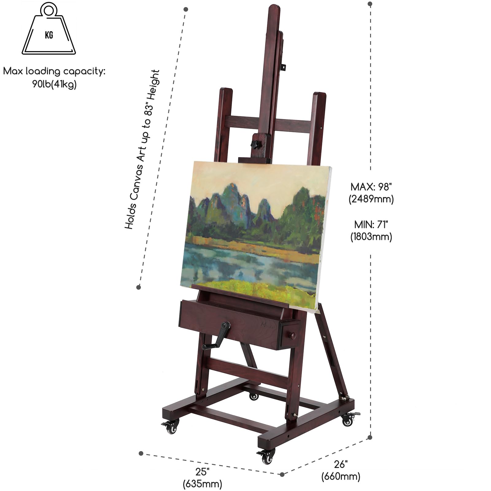 MEEDEN Extra-Large Art Painting Easel - Professional Artist Crank With Height Adjustable 71" to 98" - Heavy Duty Beech Wood Studio H Frame Stand for Painting Canvas up to 83"