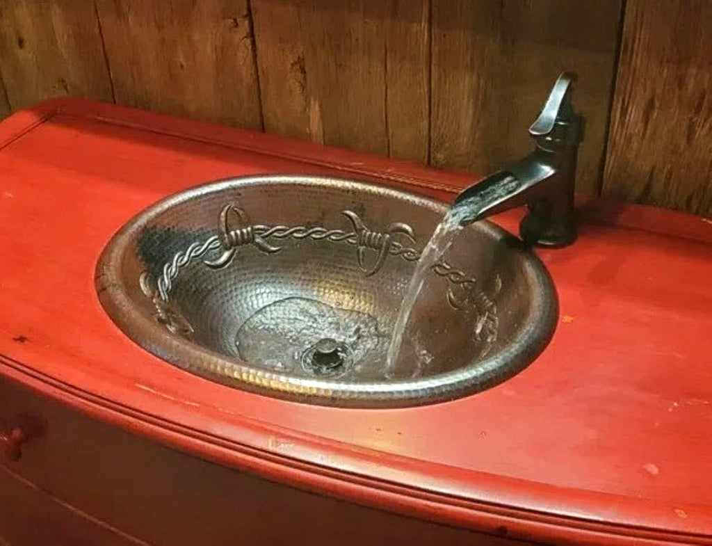 SimplyCopper 19" x 14" Oval Copper Bath Sink with Barbed Wire Design 7" Faucet and Lift & Turn Drain Included