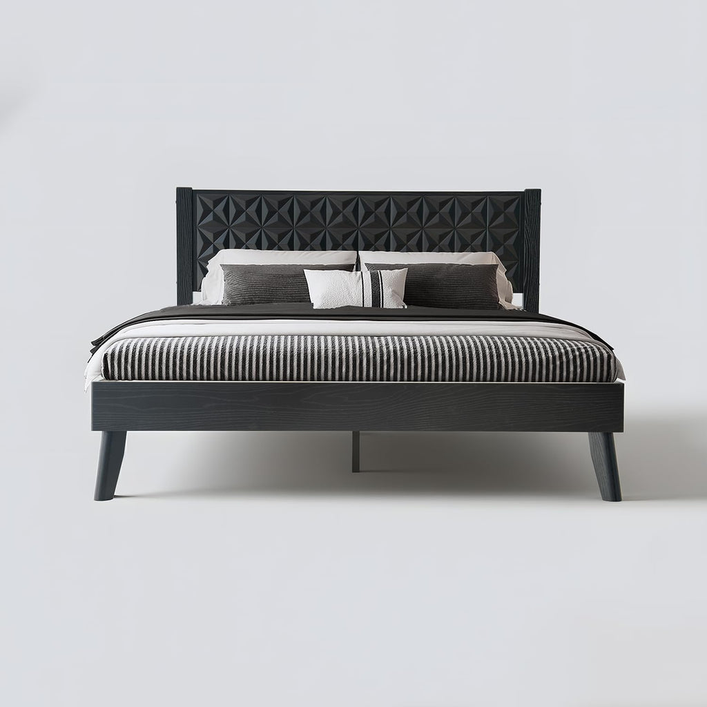 Queen Size Platform Bed Frame with Headboard & Footboard, Center Metal Legs, 12 Solid Wood Slatted Base, Easy Assembly, No Box Spring Needed, Noise-Free & Anti-Slip, Ebony Oak Finish UPQ-35