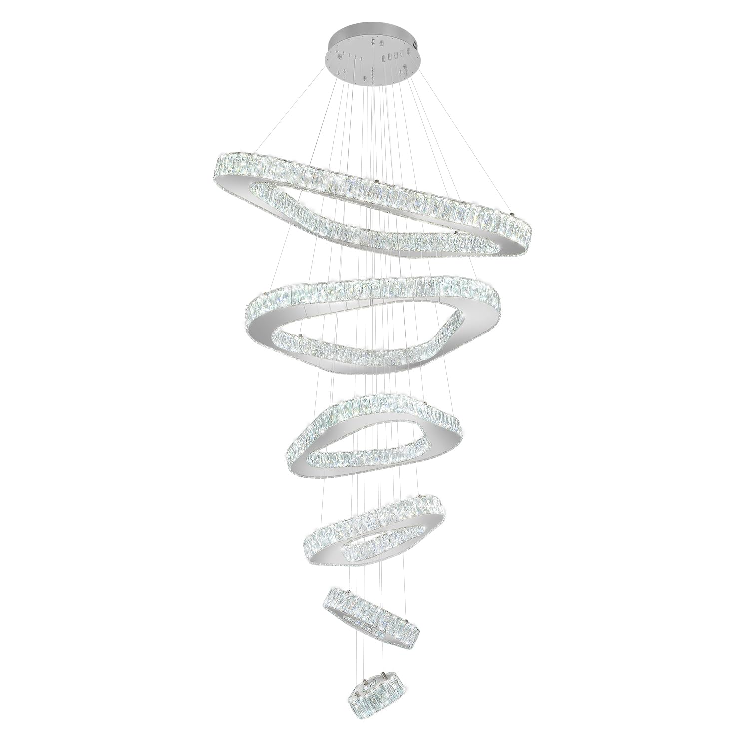 ykolupty H138 Modern Large Chandelier for High Ceiling 6-Rings Chandelier with LED Dimmable Crystal Ring Pendant Light High Ceiling Chandeliers for Living Room Foyer Entryway Silver Hanging Light