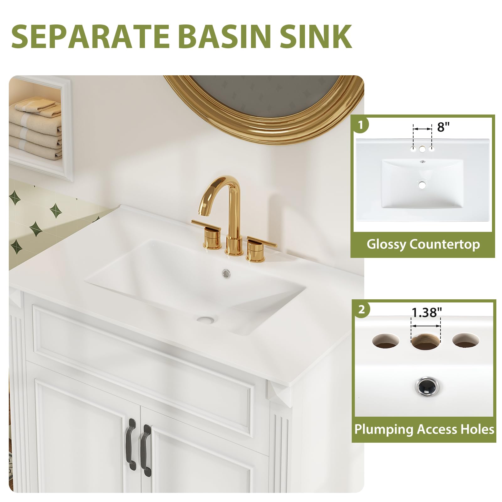 Sweetcrispy 30" Bathroom Vanity with Sink, Bathroom Storage Vanity Sink with 2 Doors, Farmhouse Wooden Free Standing Bathroom Cabinet with Sink, Easy Assembly, NO Mirror Faucet, Ivory White