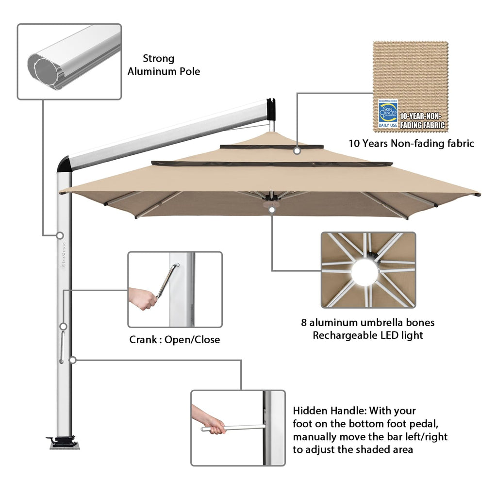 EliteShade USA Atlas 3-Tier 10x10FT Full Aluminum Cantilever Patio Umbrella for Outdoor restaurant Garden Courtyard Deck Pool and Marketing with Light,Heather Beige