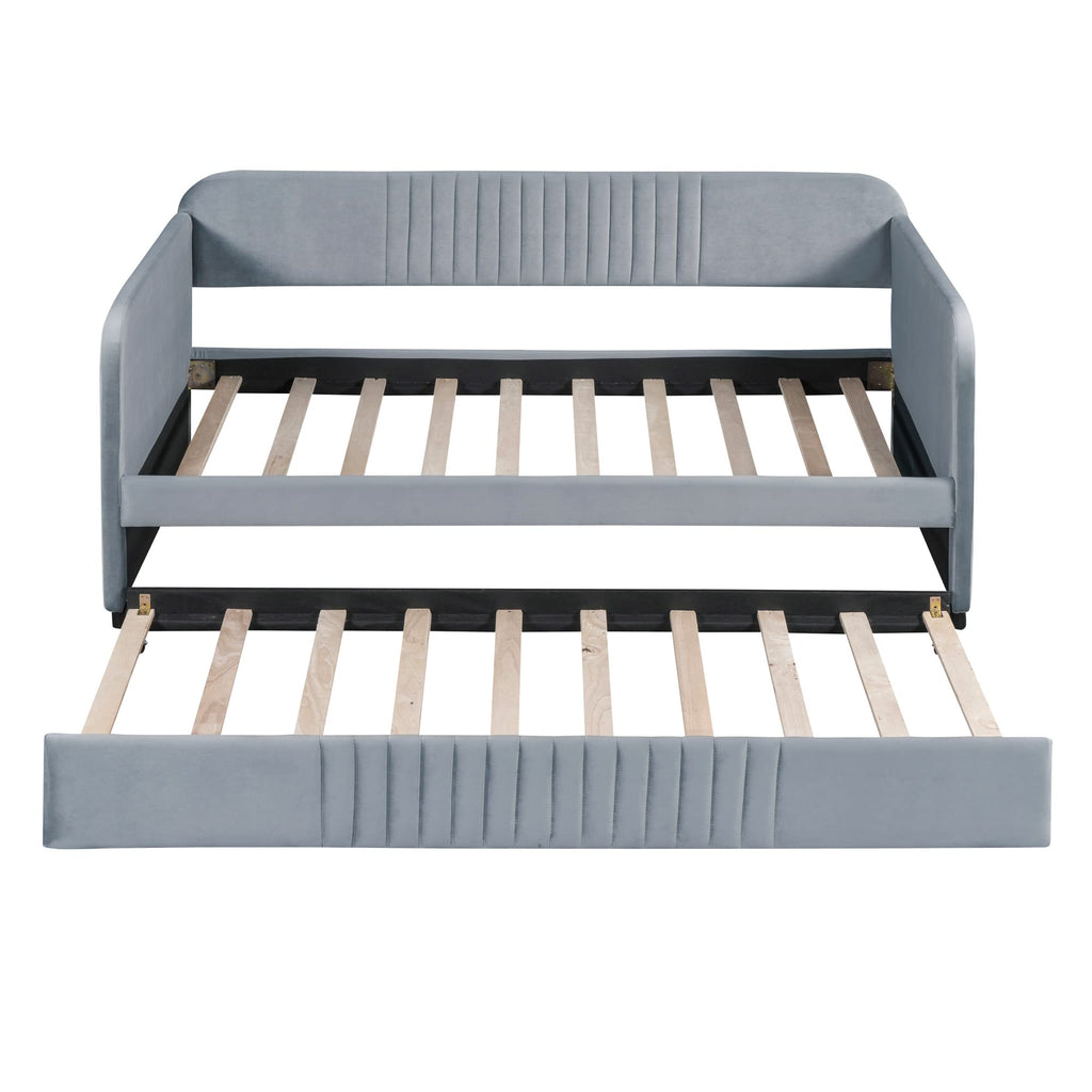Merax Twin Size Upholstered Daybed with Trundle Bed and Wood Slat, Gray Velvet Sleeper Sofa Bed, No Box Spring Needed