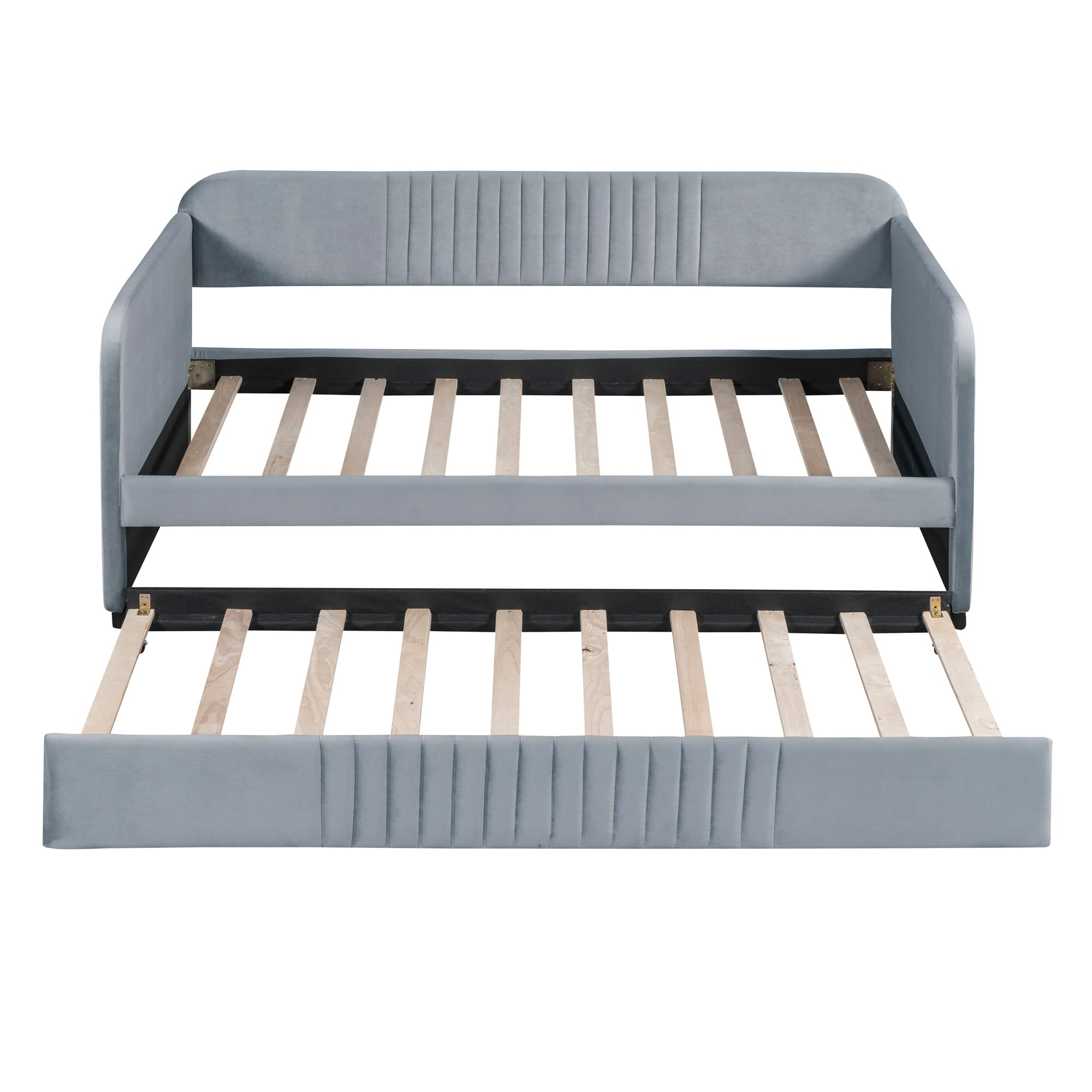 Merax Twin Size Upholstered Daybed with Trundle Bed and Wood Slat, Gray Velvet Sleeper Sofa Bed, No Box Spring Needed