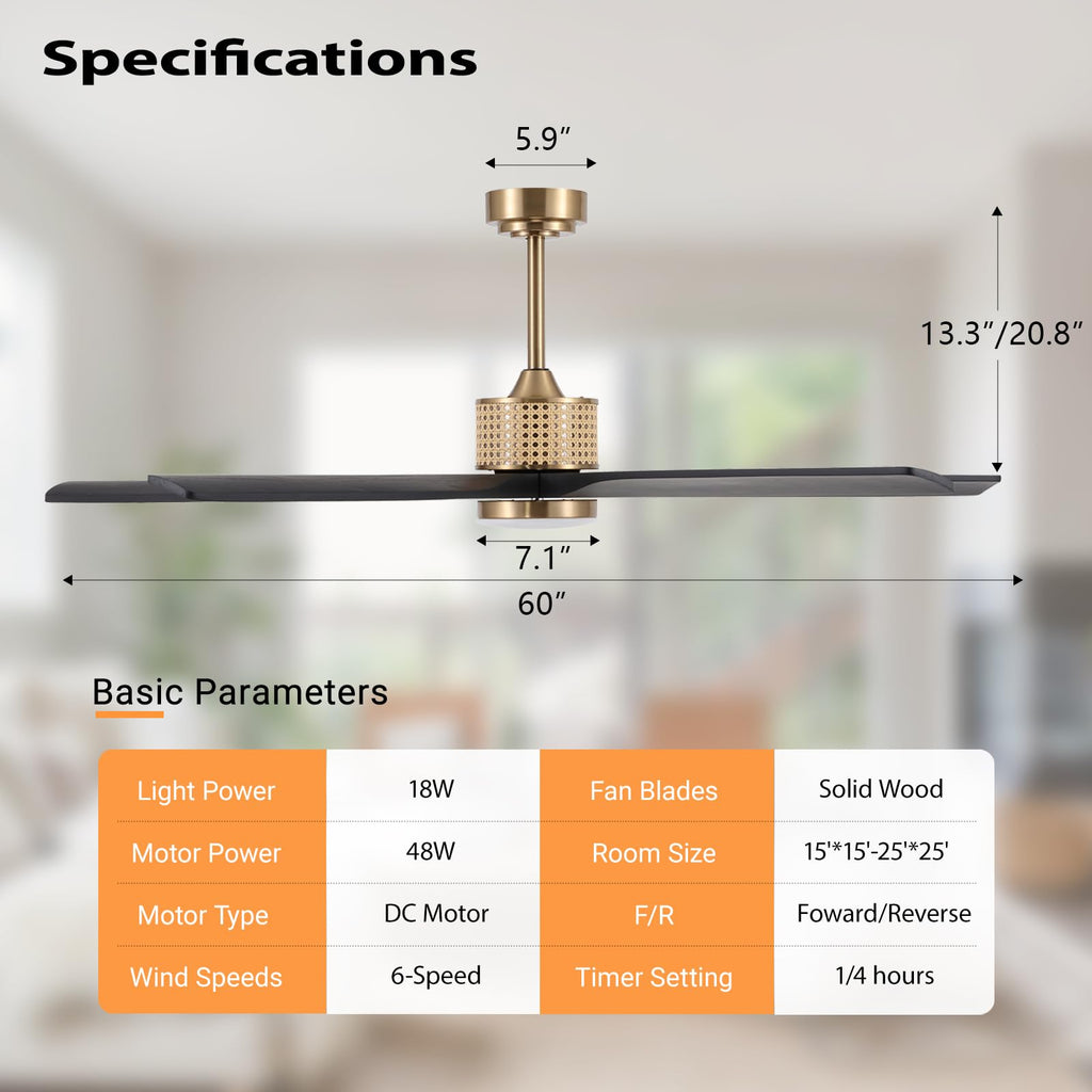 LEDLUX 60" Ceiling Fan with Light – Remote Control, Solid Wood, 6-Speed, Quiet Reversible DC Motor, Black/Gold Finish, 4.5"/12" Downrods, Noiseless Large Ceiling Fan for Bedroom, Living Room, Porch