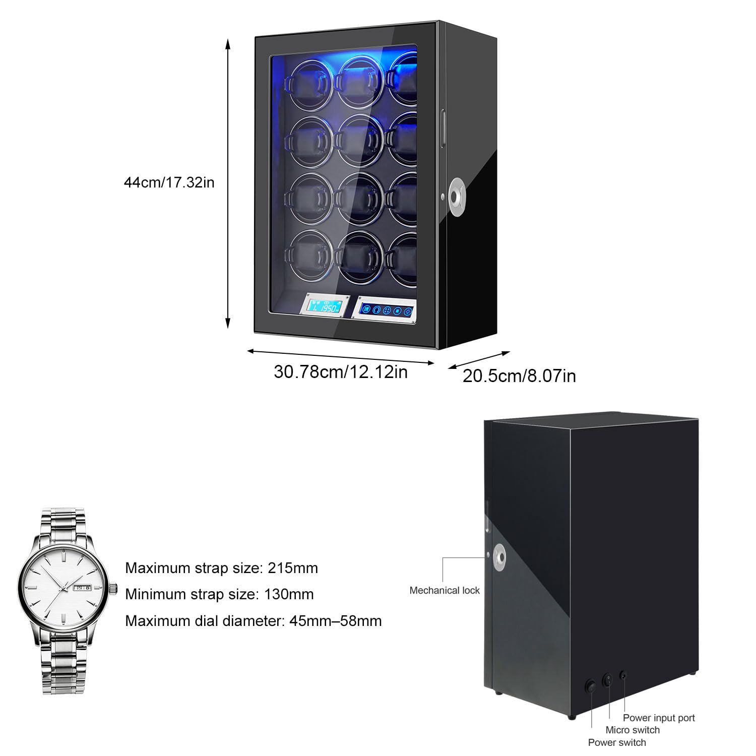 GCCRGRC Watch Winder 12 Slots Automatic Watches,Ultra-Quiet Japanese Motors, Built-in LED Illumination and LCD Touchscreen Control-Fingerprint Lock
