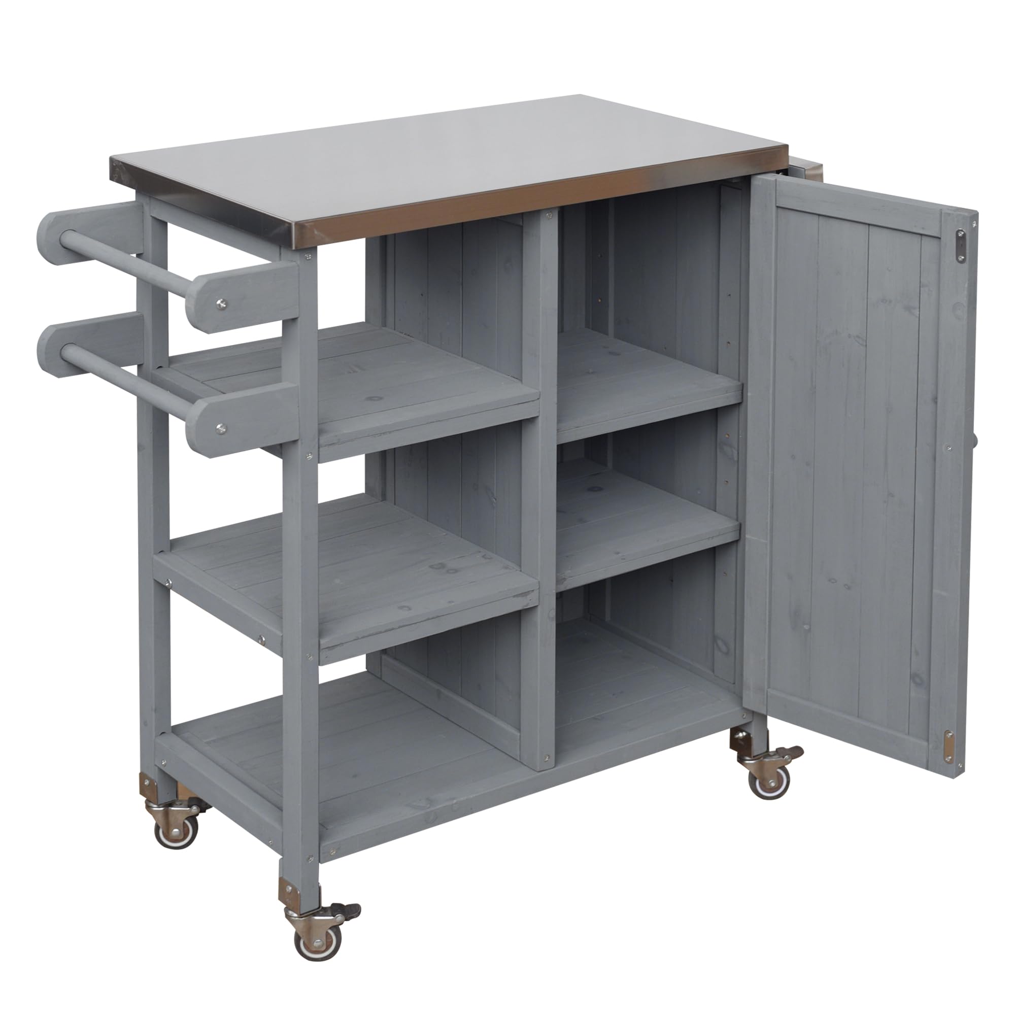 Foldable Outdoor Kitchen Island Cart with Stainless Steel Top, Rolling Grill Table with Storage Cabinet Shelves and Double Towel Rack, Wooden BBQ Prep Station with Lockable Wheels for Patio, Grey