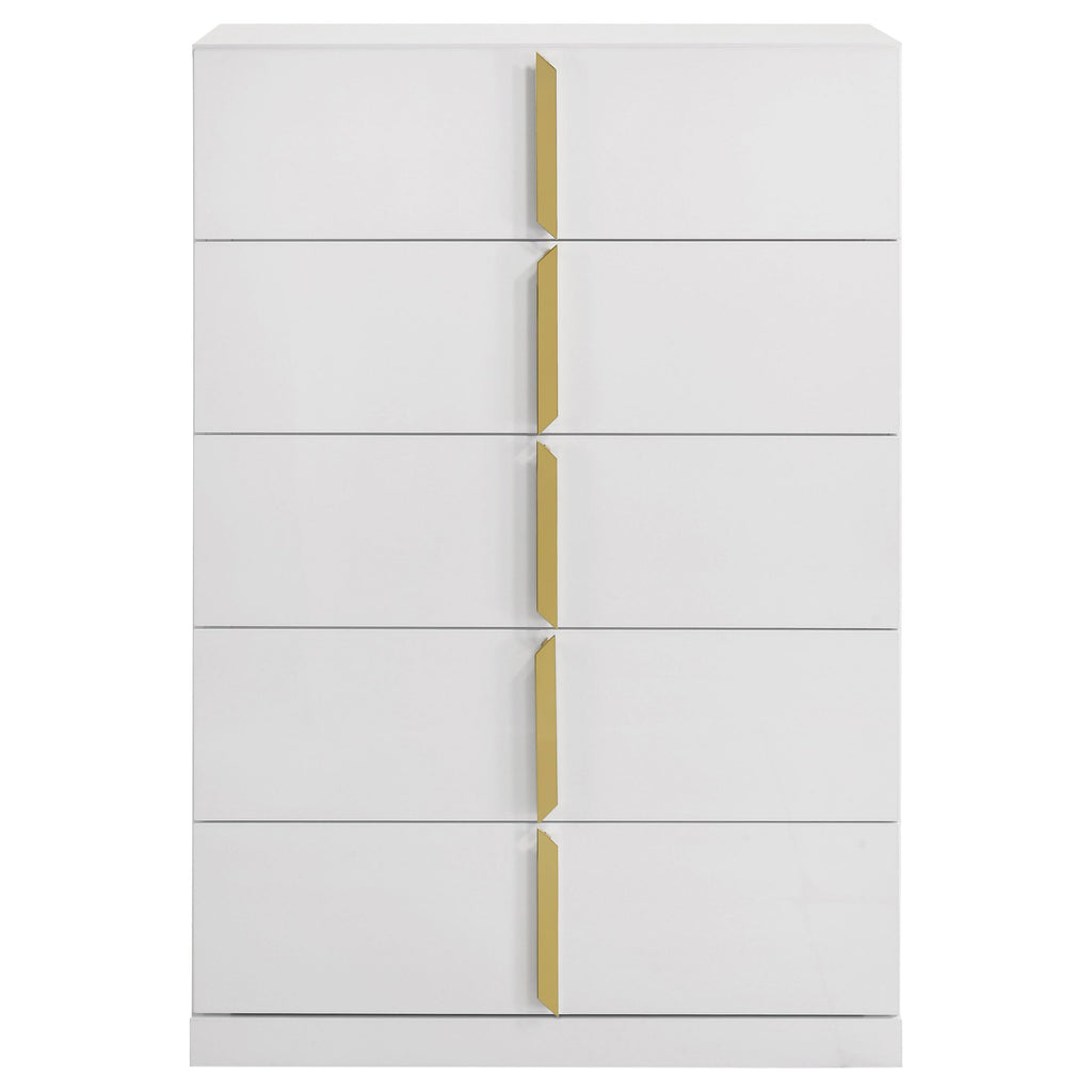 Coaster Home Furnishings - INES - Wood - 5-Drawer Chest with Vertical Gold Pulls, English Dovetail Joinery and Contemporary Design - Bedroom - White High Gloss - 223095