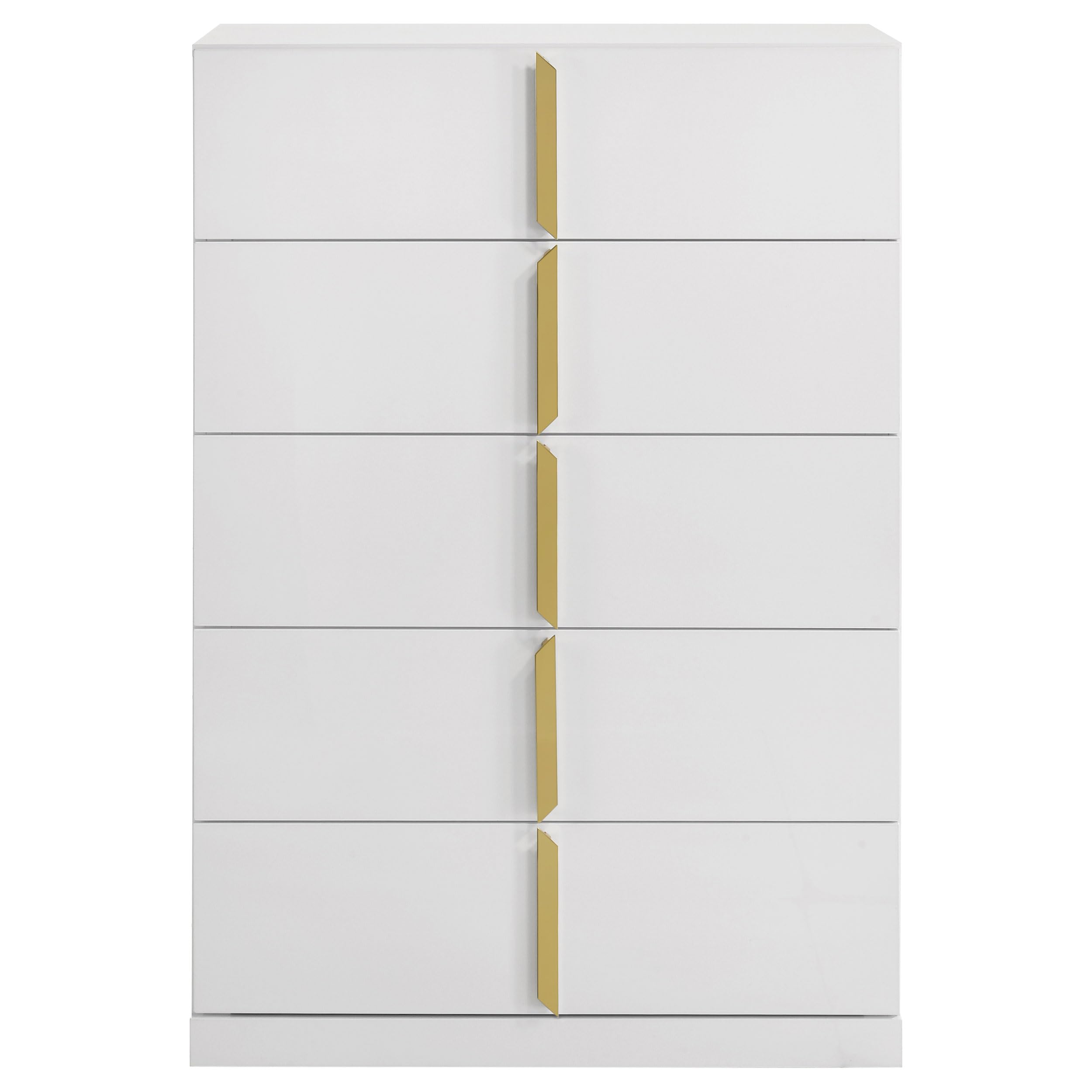 Coaster Home Furnishings - INES - Wood - 5-Drawer Chest with Vertical Gold Pulls, English Dovetail Joinery and Contemporary Design - Bedroom - White High Gloss - 223095