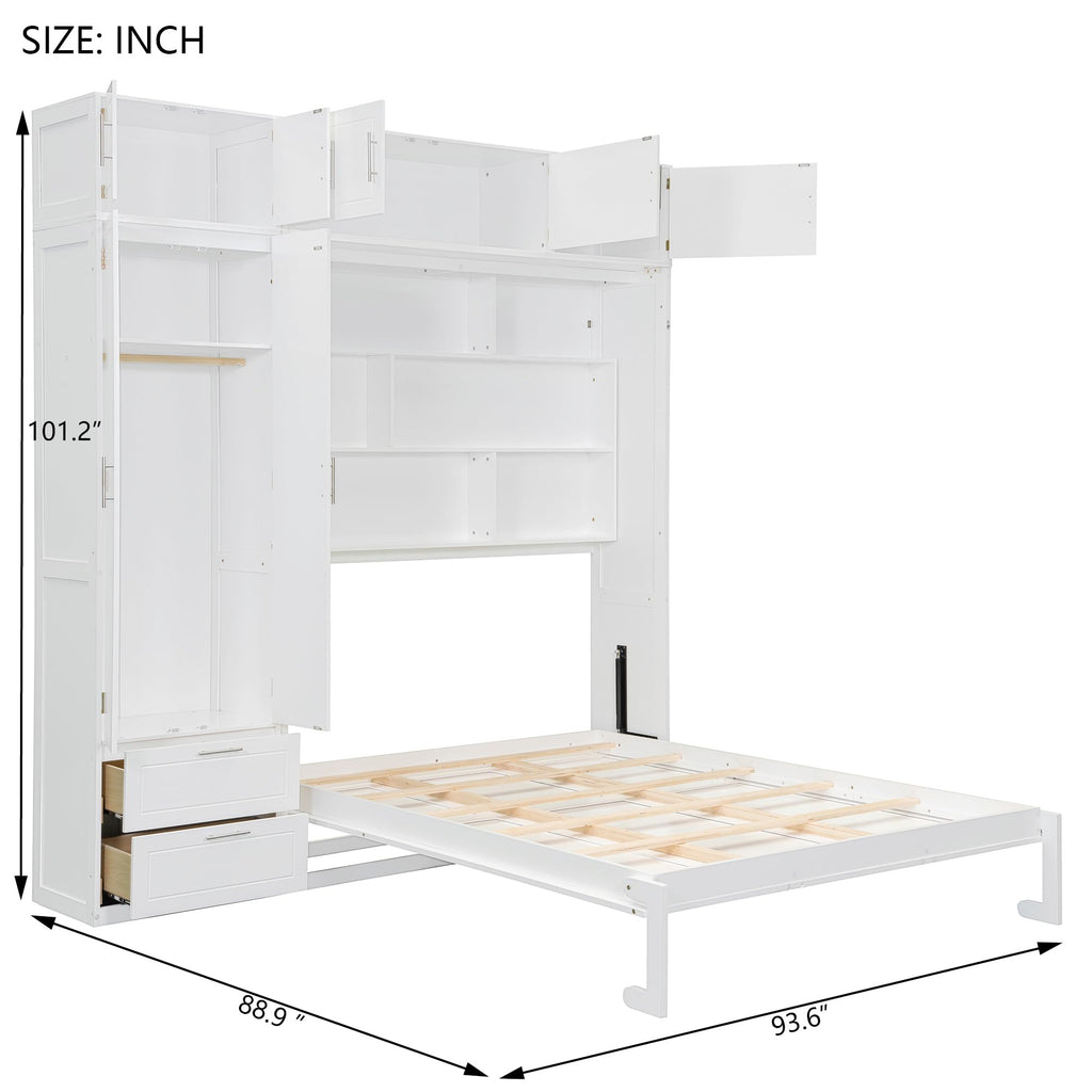 Merax Queen Size Murphy Bed with Top Cabinet, Shelves and Wardrobe, Fold into The Wall, Space-Saving Design, Multifunctional Foldable Platform Bed Frame for Bedroom, Guest Room, Home Office, White