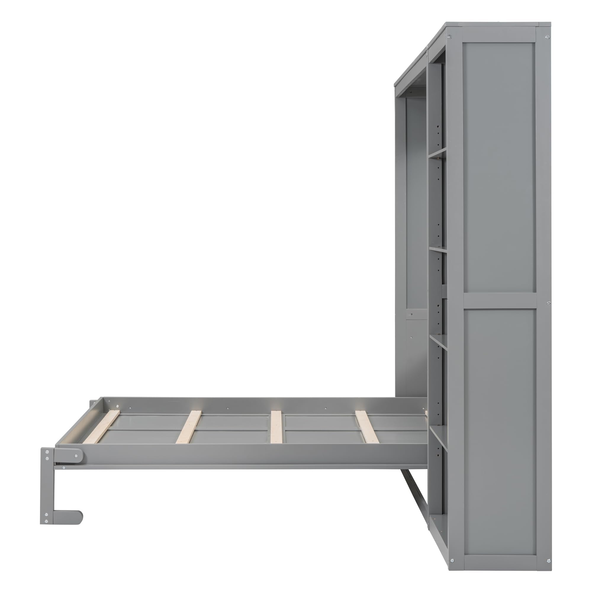 Merax Space-Saving Gray Murphy Bed Full Size with Adjustable Storage Shelves, Multifunctional Foldable Wall Bed for Small Spaces Studio Study Office Guest Room