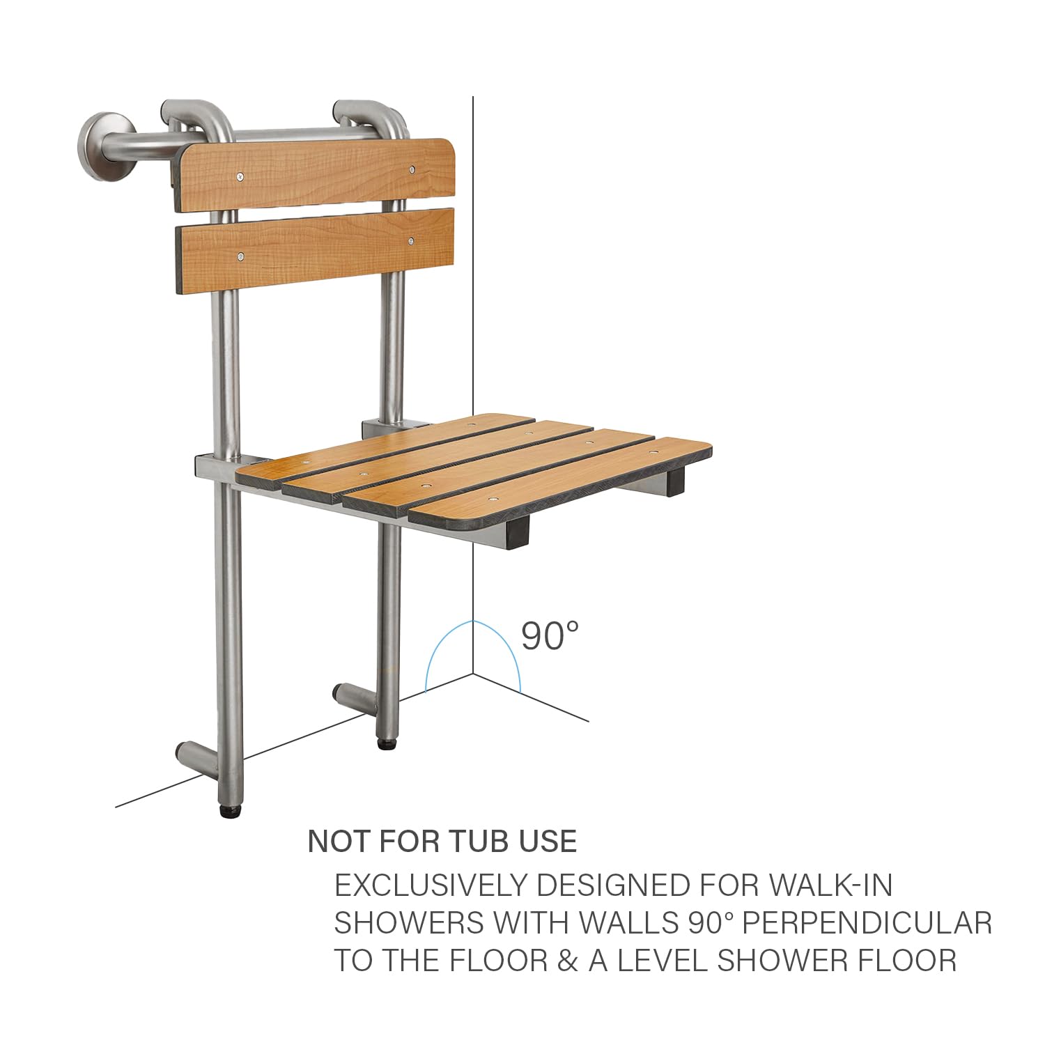 Seachrome Profile Folding Shower Seat with 18 inch Grab Bar, Removable Hanging Bench with Backrest & Legs, Teak Phenolic Seat, Stain Stainless Steel Grab Bar