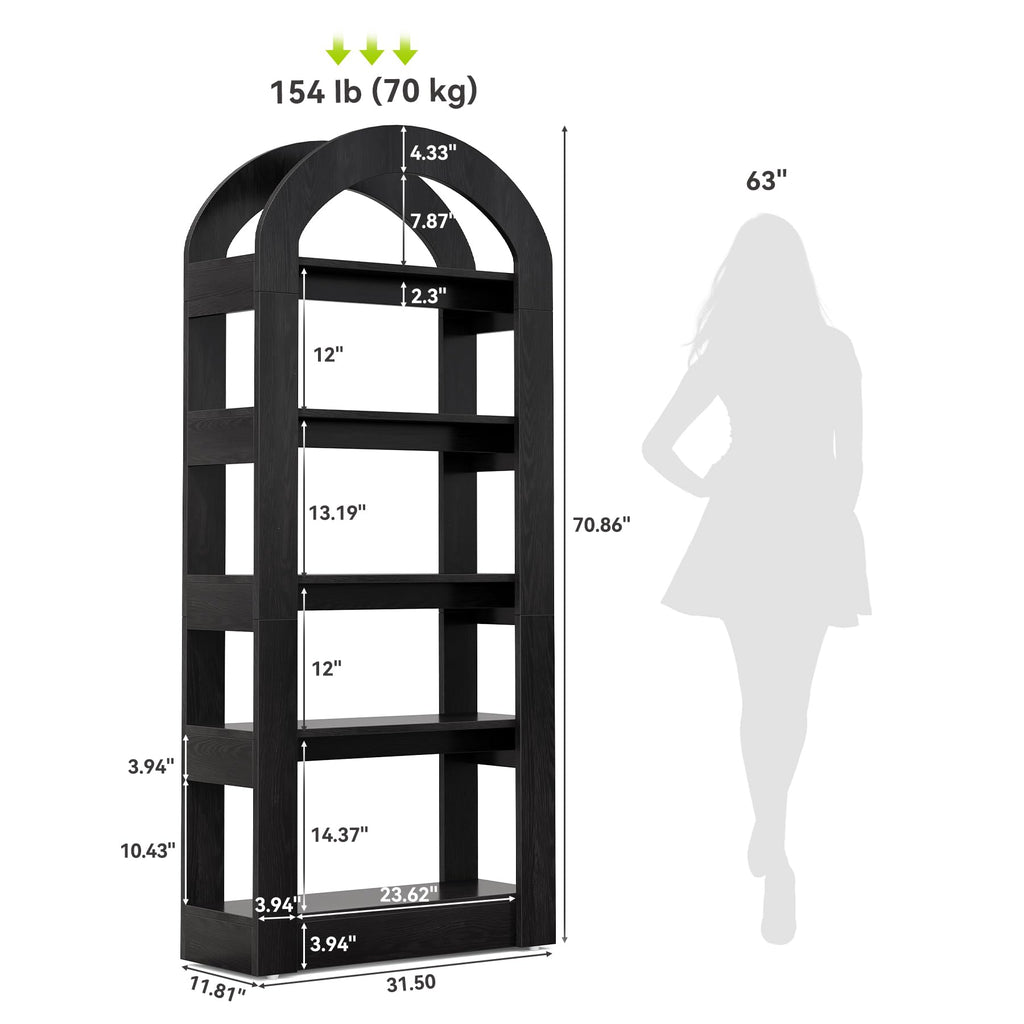 LITTLE TREE 5-Tier Bookshelf, Arch-Shaped Racks, Tall Standing Wooden Bookcase Display Shelf Modern Storage Solution (2, Black)