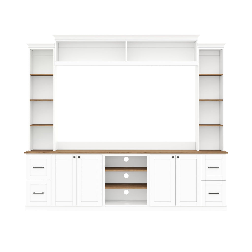 Ball & Cast 94.8" Entertainment Center Wall Unit with Bookshelf for TVs Up to 70",Farmhouse Large TV Stand with Walnut Adjustable Shelves,Retro Media Console with 4 Drawers for Living Room,White
