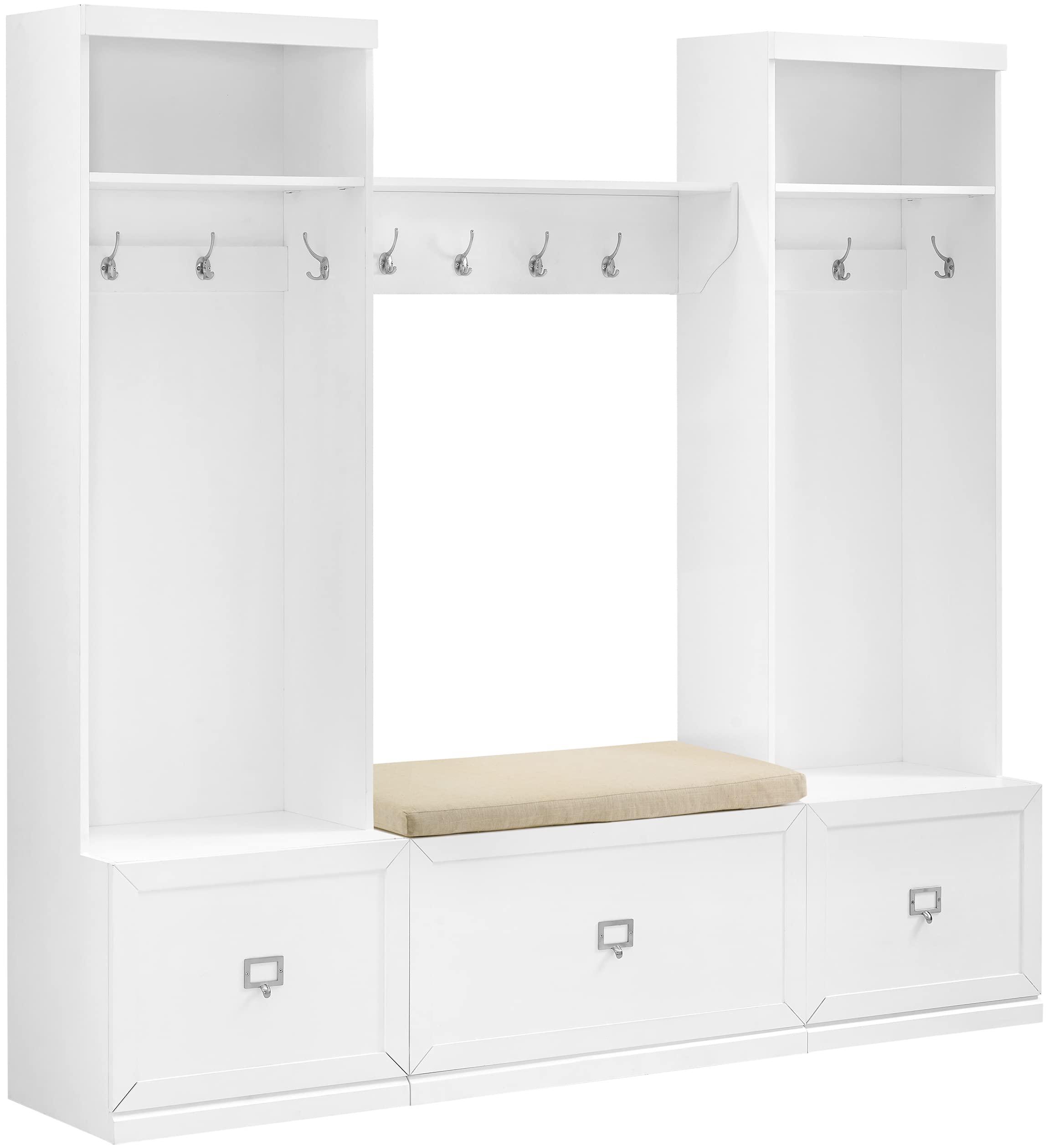 Crosley Furniture Harper 4-Piece Hall Tree, Storage Bench, and Wall Shelf Set with Coat Rack Hooks for Hanging, White