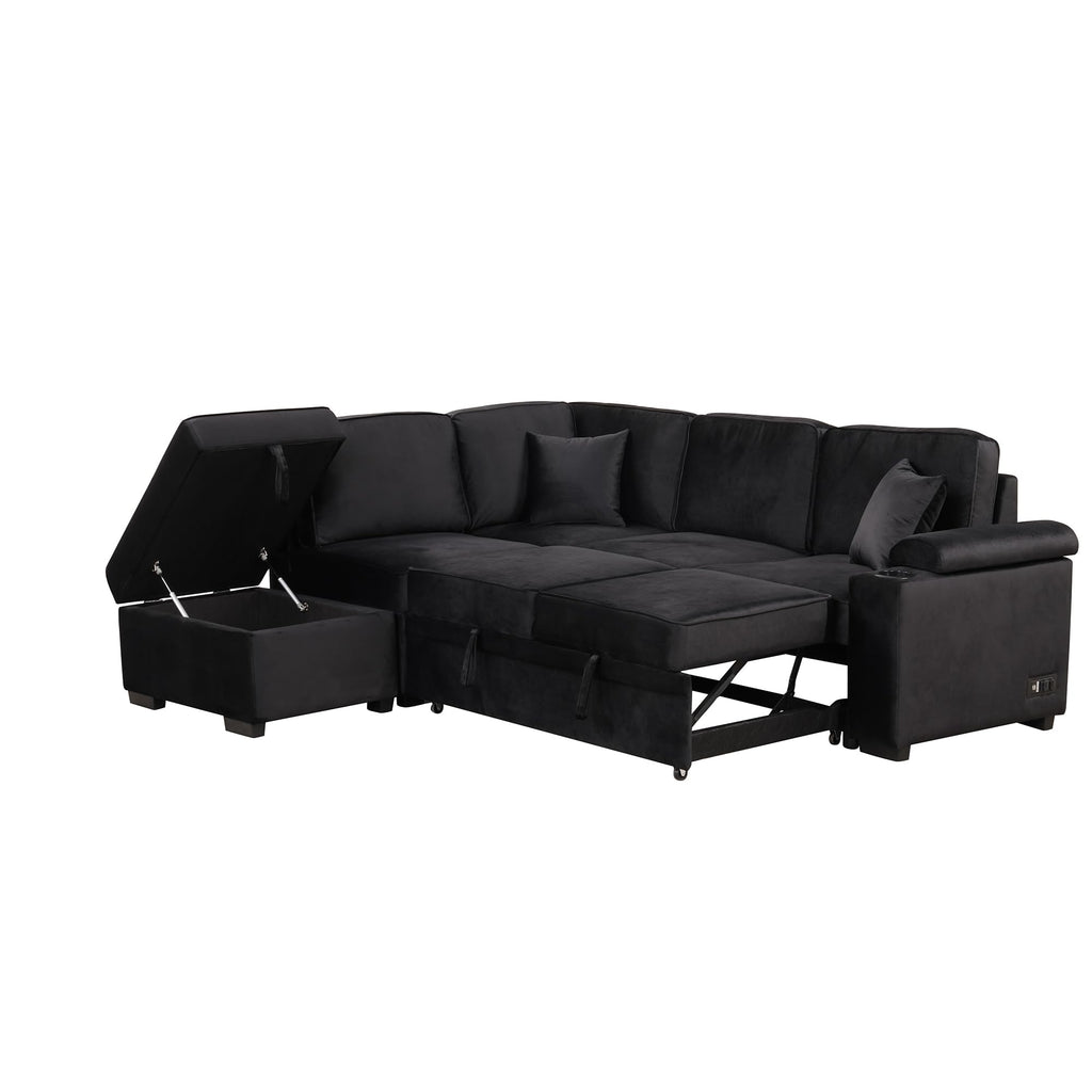 Ball & Cast 84" Convertible Sectional Sofa Bed,L-Shaped Sleeper Couch w/Storage Ottoman,Cup Holder and Charging Stations,Put Out Sofas w/Chaise,for Living Room and Small Apartment,Black