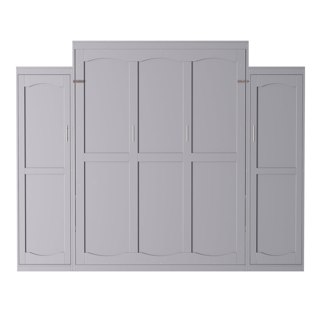 Merax Queen Size Wood Murphy Bed, with 2 Wardrobe and Storage Shelf, Multifunctional Foldable Wall Platform Bedframe for Guest-Room, Bedroom, Gray