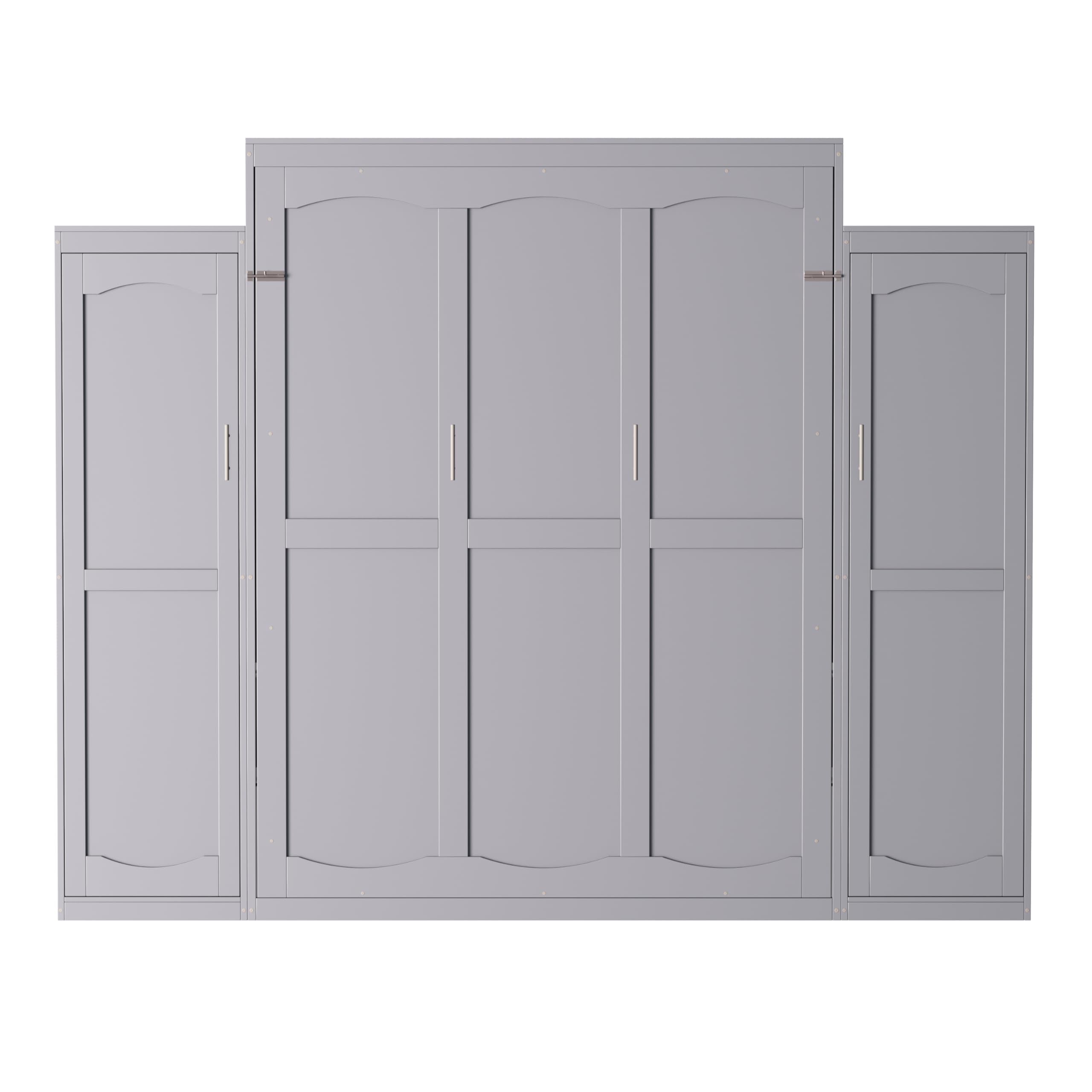 Merax Queen Size Wood Murphy Bed, with 2 Wardrobe and Storage Shelf, Multifunctional Foldable Wall Platform Bedframe for Guest-Room, Bedroom, Gray