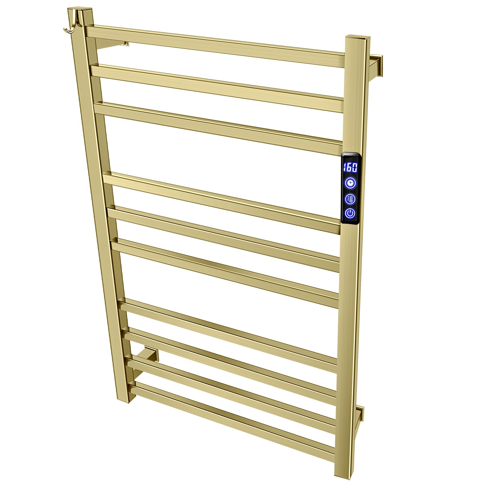 XBVV Towel Warmer Rack for Bathroom with Timer/Fahrenheit Temperature Control Wall Mounted Electric Heated 10 Bar Rail Plug-in or Hardwired Keep Bath Shower Towel Warming (Brushed Gold)