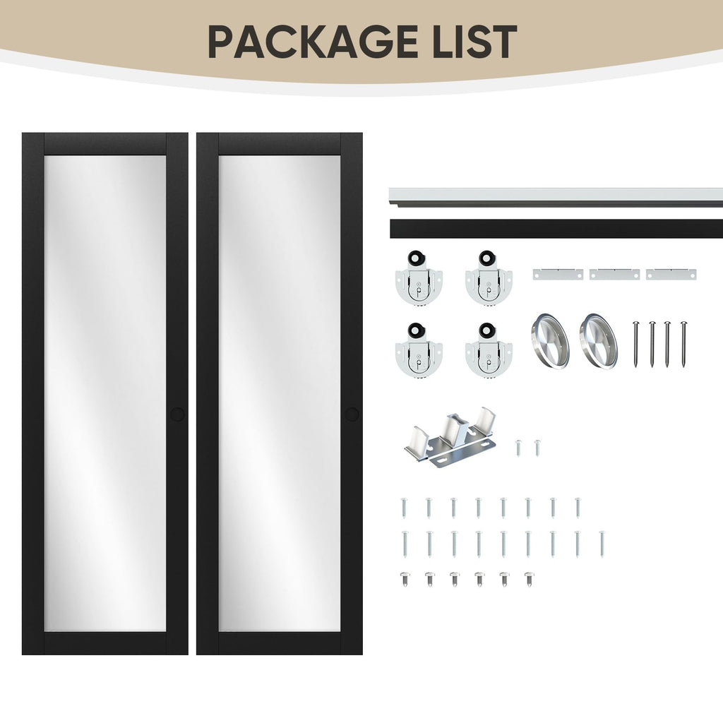 JUBEST 48" x 80" Mirror Closet Door, Preassembled One Side Mirror Door with Hardware Kit & Matching Fascia, Solid Wood Frame with Water-Proof PVC Surface, Easy to Install, Black