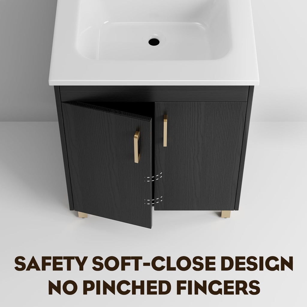 phiestina 24 Inch Fully Pre-Assembled Black Bathroom Vanity with Single Ceramic Countertop Sink Combo, 2 Soft Close Doors Bathroom Cabinet Set, Faucet Not Included, BV01-BLACK-JH