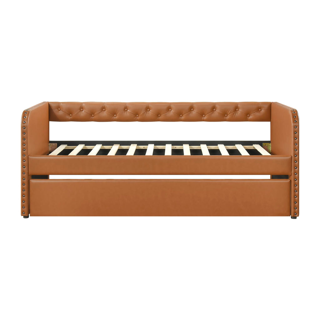 Lexicon Faux Leather Daybed with Trundle, Solid Wood Frame, Nailhead Trim, Wood Slat Support, Button Tufted Trundle Day Bed Sofa Bed for Bedroom/Guest Room, No Box Spring Needed, Twin, Matte Brown