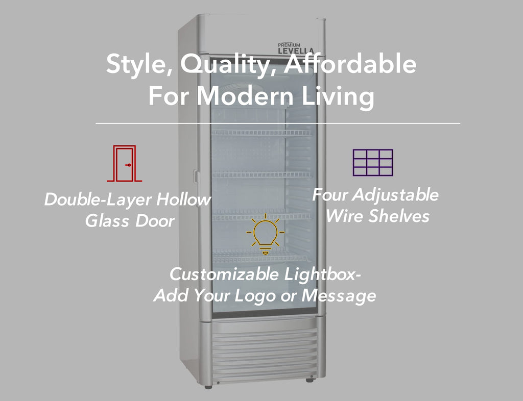 PremiumLevella PRF90DX Glass Door Display Refrigerator 9.0 cu ft Commercial Beverage Cooler Merchandiser With Customizable Lightbox - Silver