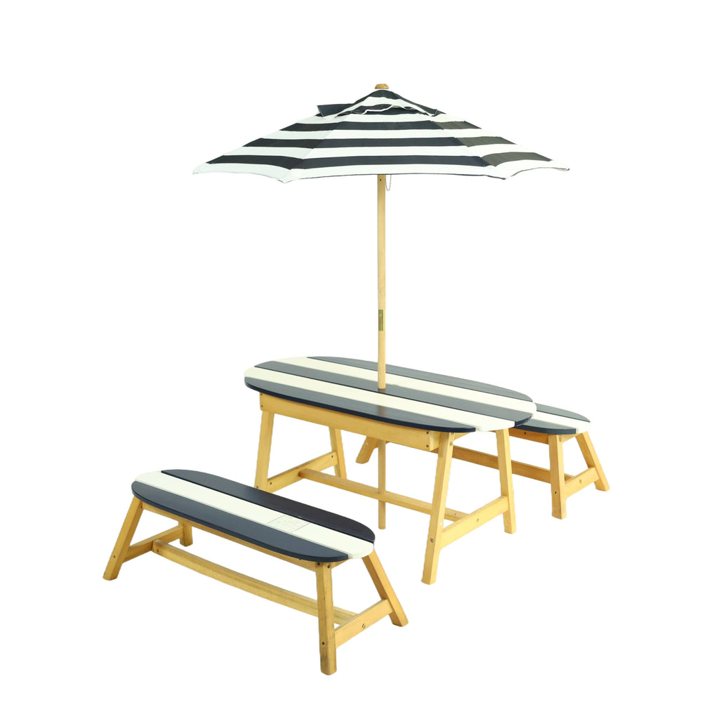 Gecheer Kids Picnic Table Set with Umbrella – Indoor/Outdoor Wooden Table & Benches for 4 Children, Dark Blue