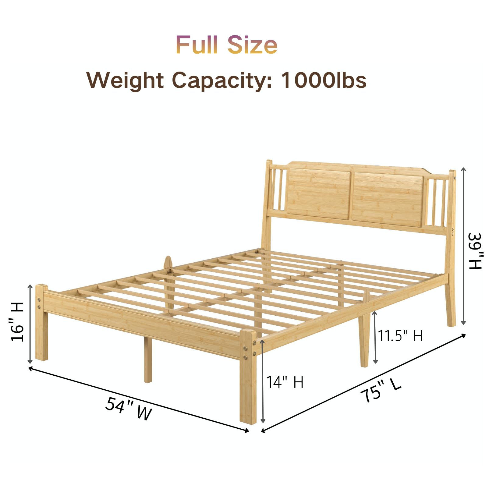 COMASACH Full Size Bed Frame with Headboard, 14 Inch Full Bamboo Wood Platform Bed, Heavy Duty Metal Slat Support, No Box Spring Needed, Easy Assembly