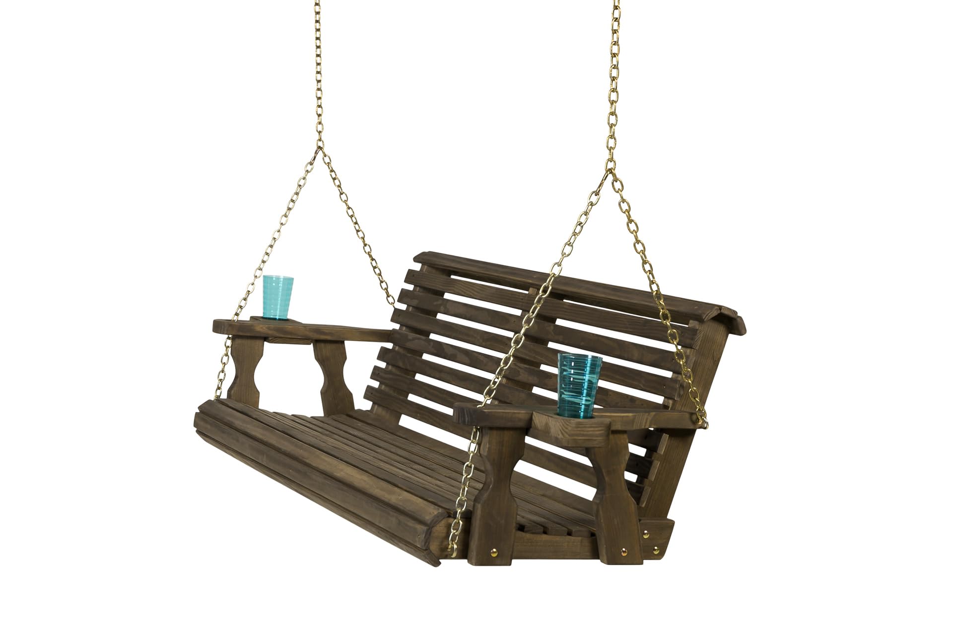 Amish Casual Heavy Duty 700 Lb Capacity Porch Swing with Cup Holders (4 Foot, Dark Walnut Stain) – Wooden Outdoor Roll Back Swing with Hanging Chains – Amish Made in the USA