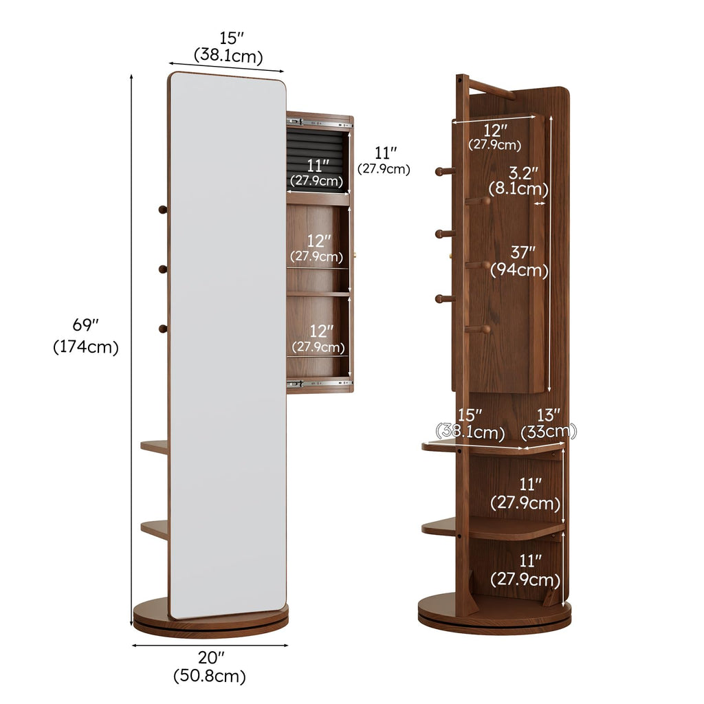 Mansfieler 69" H×20" W Solid Wood Mirror Jewelry Cabinet,360°Swivel Jewelry Organizer,Jewelry Armoire Cabinet Standing,Full Length Mirror with Storage&Coat Rack,Walnut