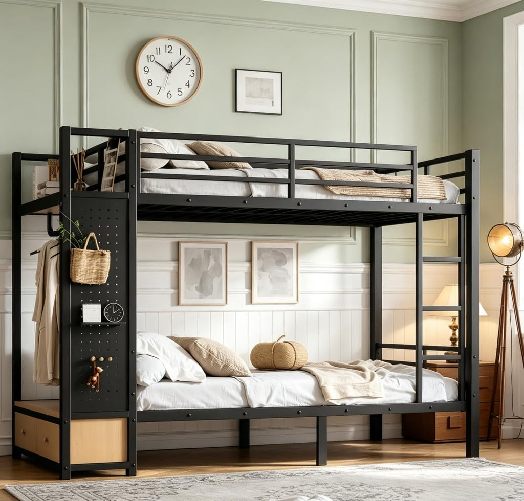 Bellemave Bunk Bed Twin XL Over Twin XL,Metal Bunk Bed with Shelf and Guardrails,Queen Bunk beds with Storage Drawers and Clothes Hooks for Kids, Teens & Adults（Black）