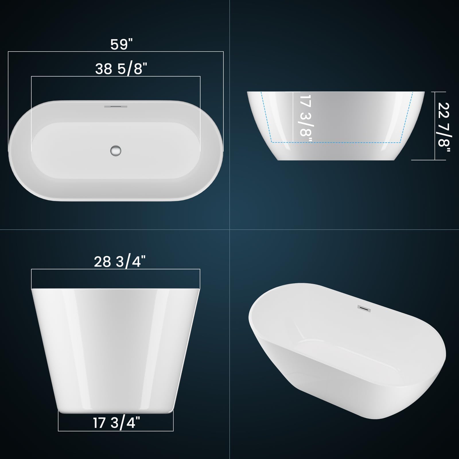 59'' Acrylic Free Standing Soaking Tub, Double-Walled Insulated Freestanding Bathtub with Ergonomic Deep Design, Glossy White, Matte Drain, Black Overflow, cUPC Certified Stand Alone Tub