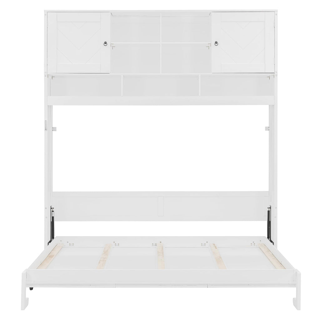 Merax Queen Size Murphy Bed Wall Bed with Top Storage Cabinets and Shelves, Fold into The Wall, Space-Saving Design, White Foldable Platform Bed Frame with Chevron Stripes, for Bedroom, Guest Room