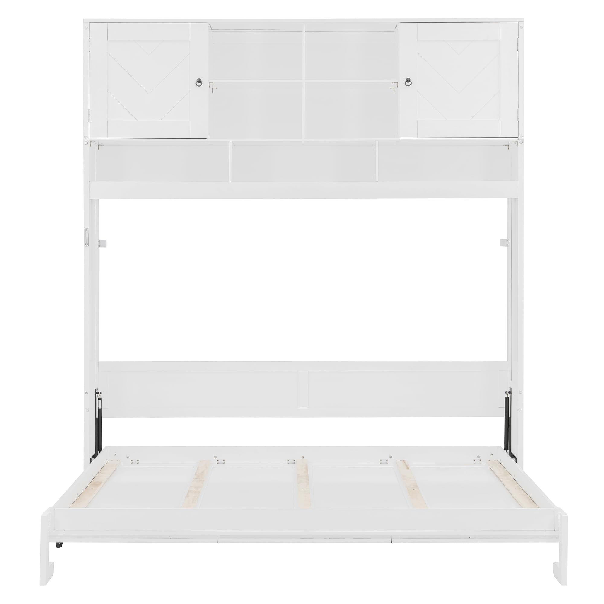 Merax Queen Size Murphy Bed Wall Bed with Top Storage Cabinets and Shelves, Fold into The Wall, Space-Saving Design, White Foldable Platform Bed Frame with Chevron Stripes, for Bedroom, Guest Room