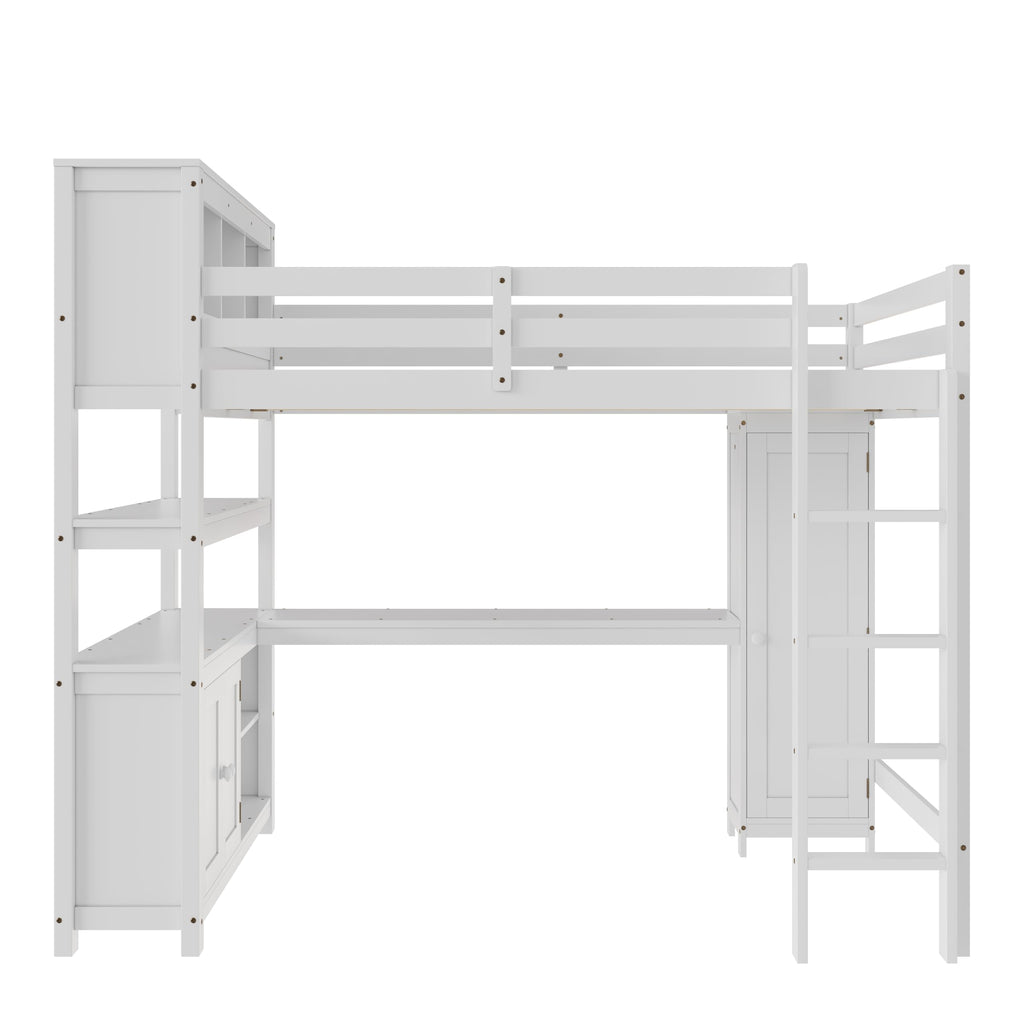 Bellemave Solid Wood Queen Size Loft Bed with Desk and Wardrobe,Loft Bed Frame with Storage Shelves and Bookcase for Kids,Teens,Adults,Queen Size,Space Saving,White