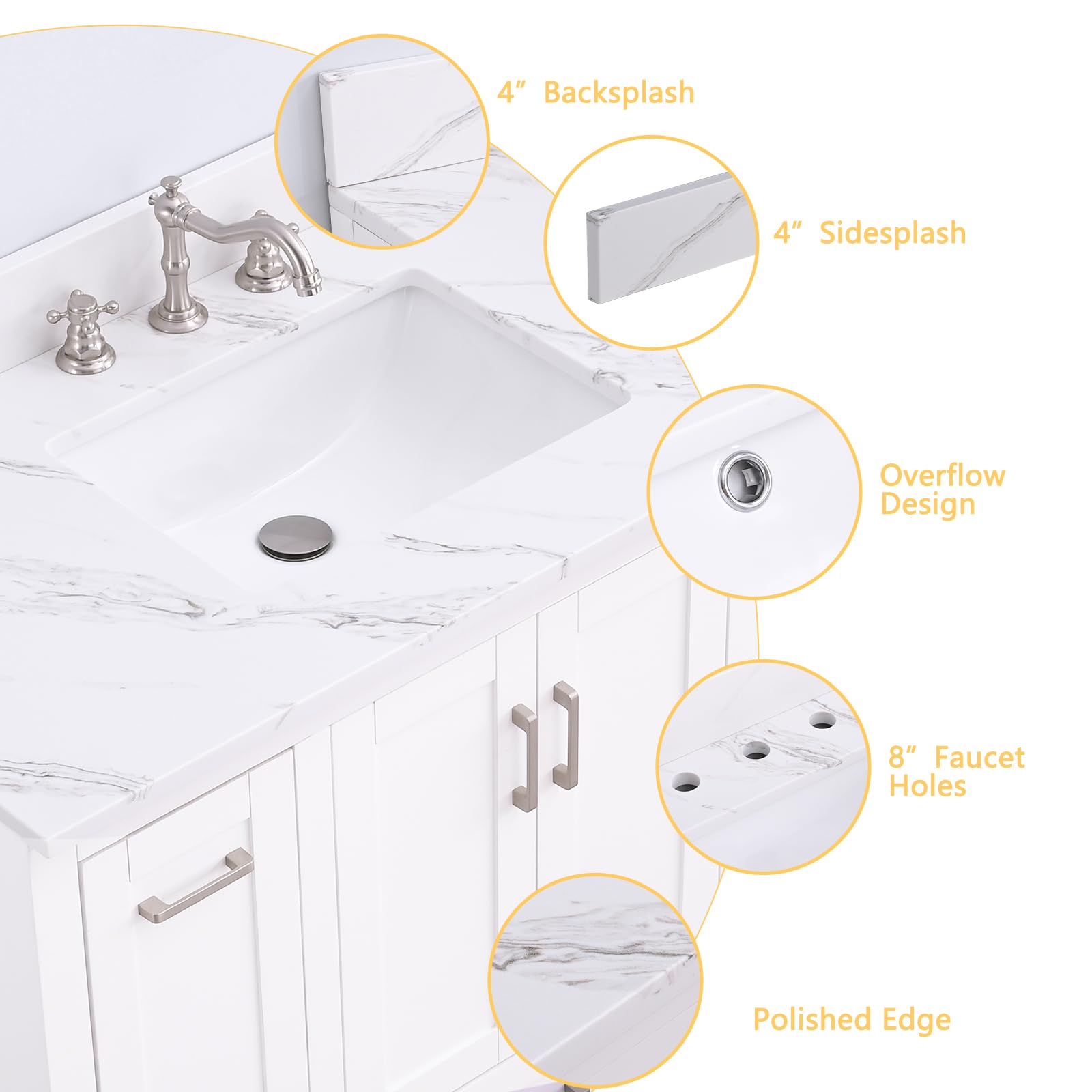 Dornberg 42"x22" Quartz Ocean White Bathroom Vanity Top, with Undermount Middle Sink Vanity Top,with One Sidesplash & One Backsplash,8 Inch Faucet Hole Spread Bathroom Vanity Sink Countertop